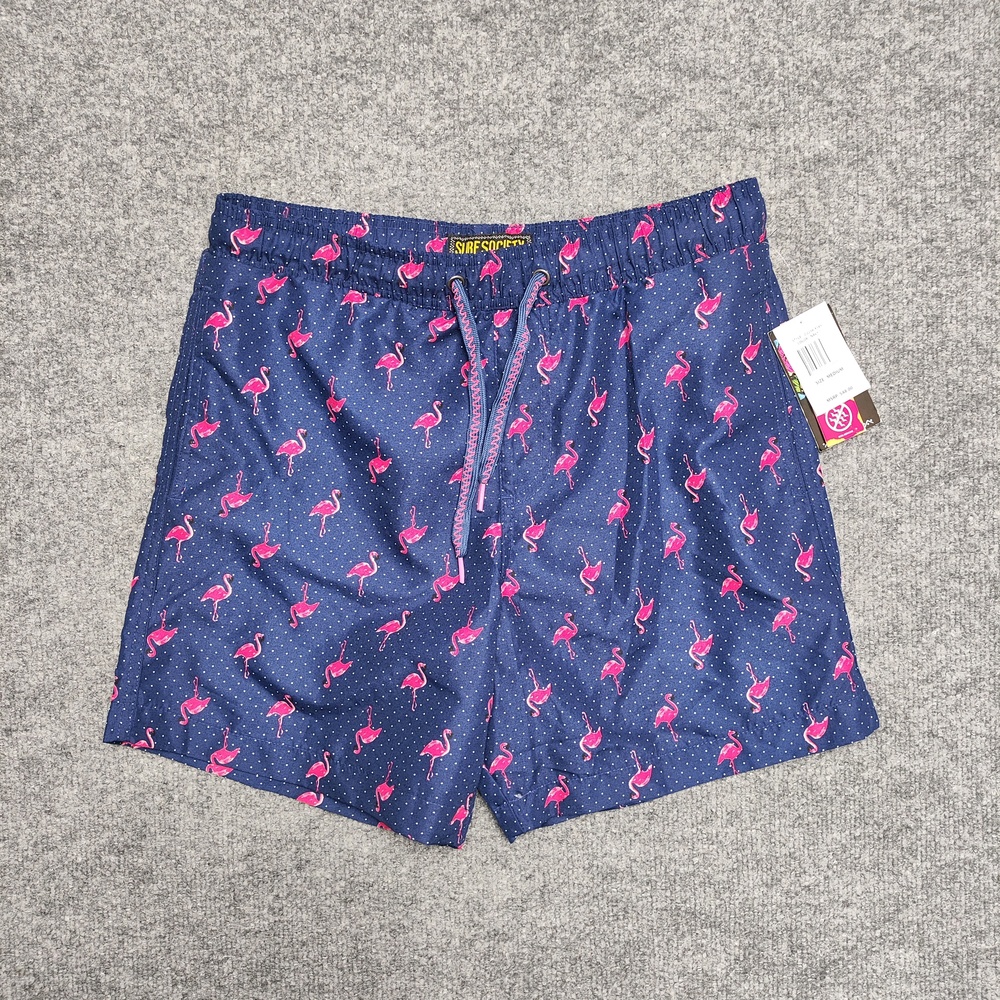 Surf Society Shorts Mens Medium Blue Flamingo Print Swim Trunks Mesh Lined